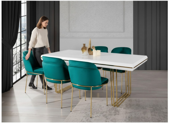 Luxus Iessdësch Dësch Iesszëmmer Dëscher Metall Design Kichendësch Wäiss Gold Holz