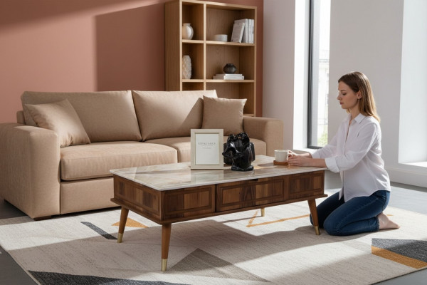 Design Couchtisch Wunnzëmmer Steenoptik Dësch Beistelltableau Dëscher 160x68cm
