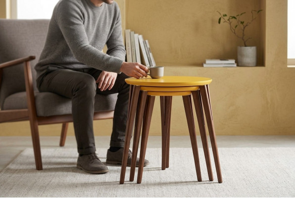 Holzbiedertischen Beistelltischen Bloemenstaänner Set Biedertisch Dësch Couchtisch 3tlg.