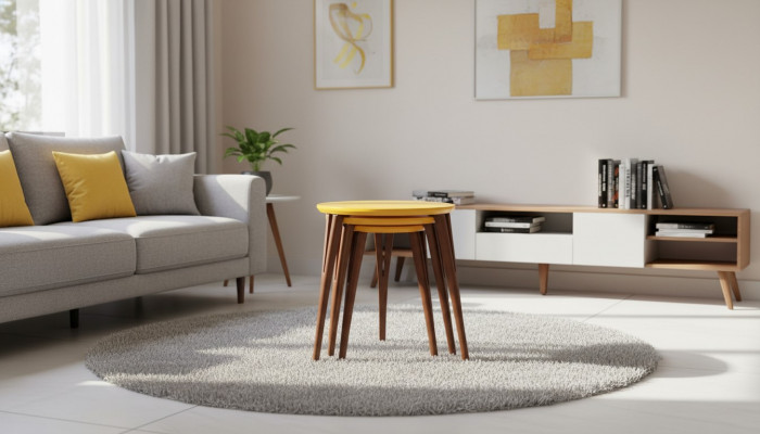 Holzbiedertischen Beistelltischen Bloemenstaänner Set Biedertisch Dësch Couchtisch 3tlg.