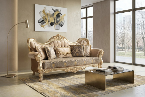 Chesterfield Barock Dräisëtzer Couch Miwwel Sofa Stoff Gold Couchen