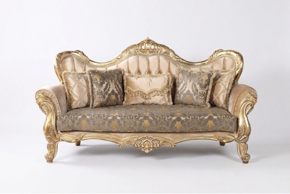 Chesterfield Barock Dräisëtzer Couch Miwwel Sofa Stoff Gold Couchen