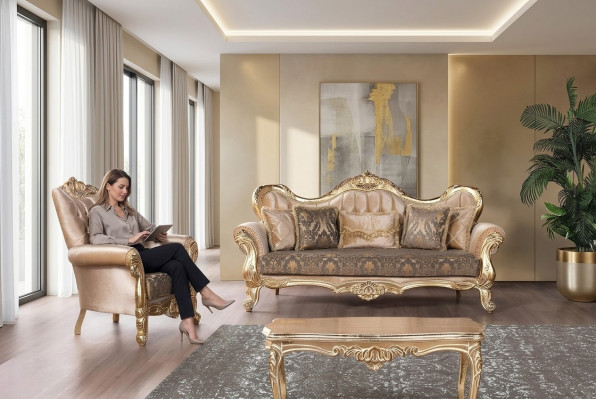 Chesterfield Sofa Garnitur Couch Polster Miwwelen Barock Rokoko Dësch 3tlg