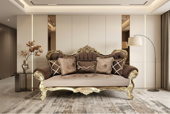 Chesterfield Barock Dräi-Sëtzene Sofa Couchen Stoff Gold Miwwelen