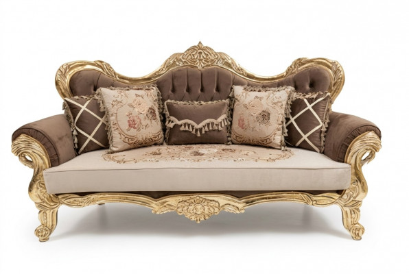 Chesterfield Barock Dräi-Sëtzene Sofa Couchen Stoff Gold Miwwelen