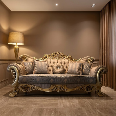 Chesterfield Barock Dräisëtzer Couch Miwwel Sofa Couchen Stoft Gold