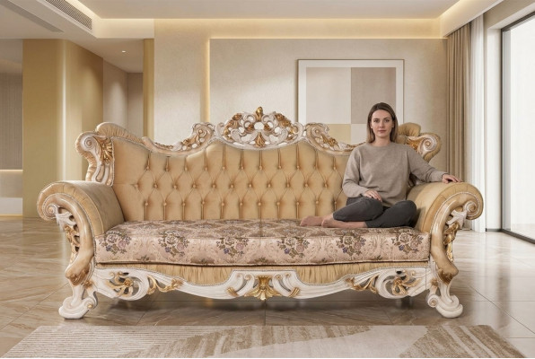 Chesterfield Barock Dräisëtzer Canapé Miwwel Sofa Couchen Stoff Beige