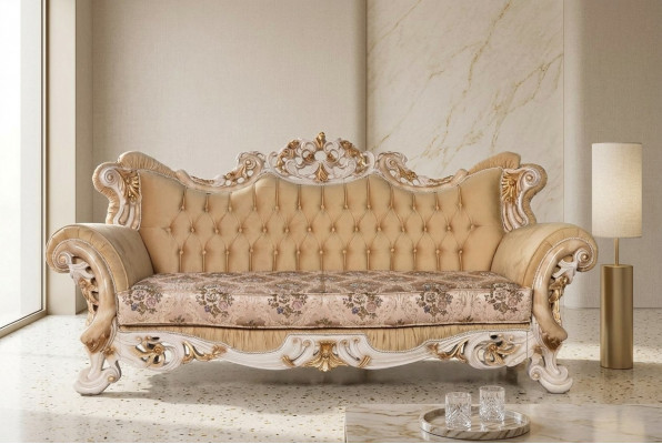 Chesterfield Barock Dräisëtzer Canapé Miwwel Sofa Couchen Stoff Beige