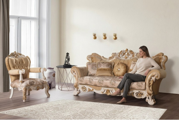 Wunnzëmmer Luxus Sofa Beige Sofagarnitur Sofas Fotell 3+1 Sëtz Stoff Design