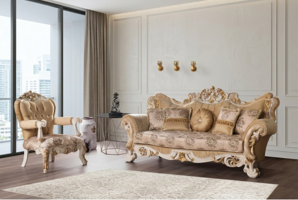 Wunnzëmmer Luxus Sofa Beige Sofagarnitur Sofas Fotell 3+1 Sëtz Stoff Design