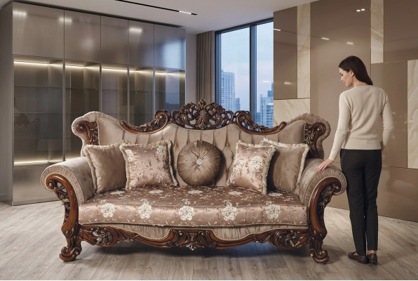 Barock Dräisëtzer Chesterfield Canapé Miwwelen Sofa Couchen Stoff Braun