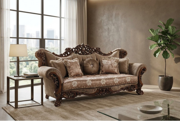 Barock Dräisëtzer Chesterfield Canapé Miwwelen Sofa Couchen Stoff Braun