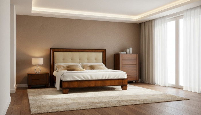 Bett Braun Schlofzëmmer Holzmöbel Textil Design Klassesch Art déco Stil Neit