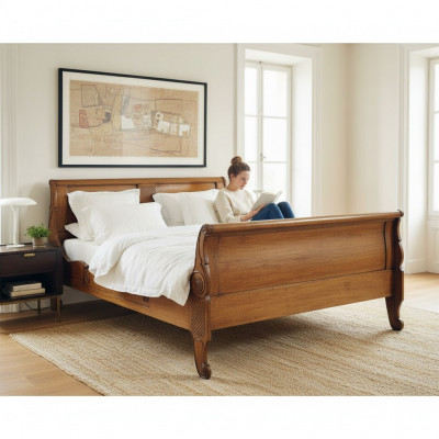 Bett Betten Duebelbett Schlofzëmmer Holz Polster Braun Duebelbetter Nei