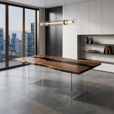 Dësch Epoxidharz Iessdësch Echt Holz Massiv Dëscher 183x90 Flossdësch