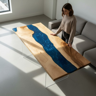 Iessdësch River Table Richtegt Holz Flossdësch Massiv Epoxyharz Dëscher 181x81 Nei