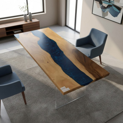 Iessdësch River Table Richtegt Holz Flossdësch Massiv Epoxyharz Dëscher 181x81 Nei