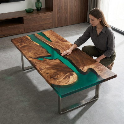 Epoxidharz Iessdësch echt Holz massiiv Miwwel Waasserfall Epoxy Dësch 191x91cm