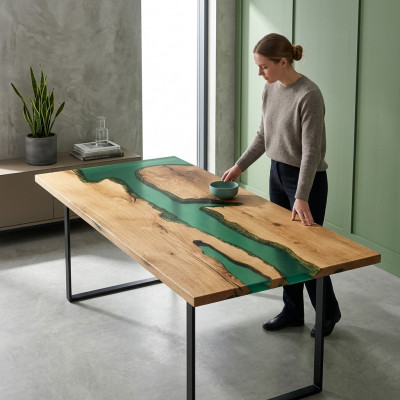 Dësch Iessdësch Dëscher Harz Epoxy massiv Design Miwwelen 200x91 richtegt Holz Epoxid