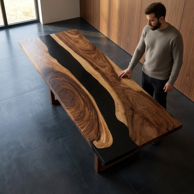 Epoxidharz Iessdësch echt Holz massiv Miwwelen Waasserfall Epoxy Dësch Miwwelen Nei
