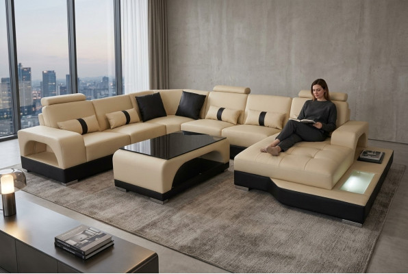 Lieder Sofa Modern Couch Design Wunnlandschaft + Dësch Eck Couchen Sëtz mat USB