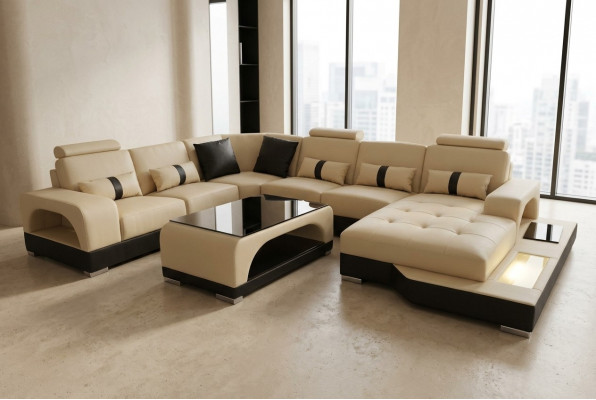 Lieder Sofa Modern Couch Design Wunnlandschaft + Dësch Eck Couchen Sëtz mat USB