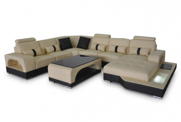 Lieder Sofa Modern Couch Design Wunnlandschaft + Dësch Eck Couchen Sëtz mat USB