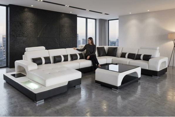Ecksëtzgrupp Design-Eckcouch Sofa Couch Polster Wunnlandschaft LED USB