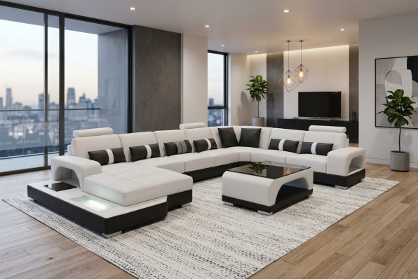 Ecksëtzgrupp Design-Eckcouch Sofa Couch Polster Wunnlandschaft LED USB