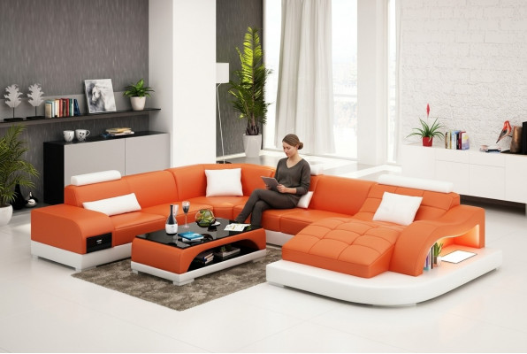 Ledercouch Couch Wunnlandschaft Wunksësseck Eck Garnitur Design Modern Couch USB Neien