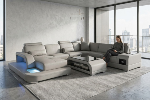 Ecksofa mat USB Polster Couche Sëtz Gri Leder Garnitur Modern Wunnlandschaft