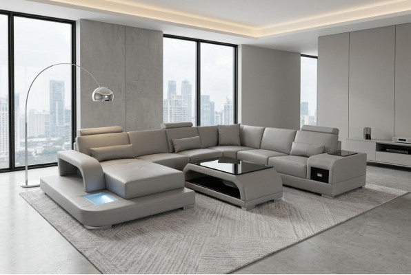 Ecksofa mat USB Polster Couche Sëtz Gri Leder Garnitur Modern Wunnlandschaft