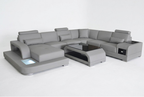 Ecksofa mat USB Polster Couche Sëtz Gri Leder Garnitur Modern Wunnlandschaft
