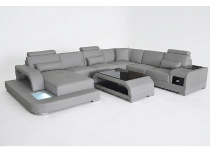 Ecksofa mat USB Polster Couche Sëtz Gri Leder Garnitur Modern Wunnlandschaft