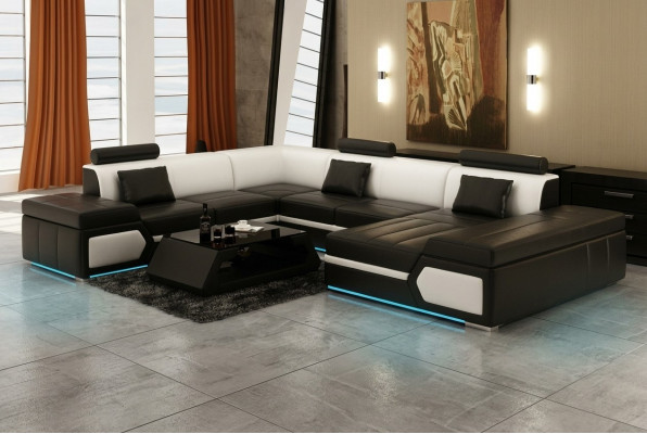 Ledercouch Sofa Canapé Wunnlandschaft Eckcouch Garnitur Design Modern Schwaarz +USB