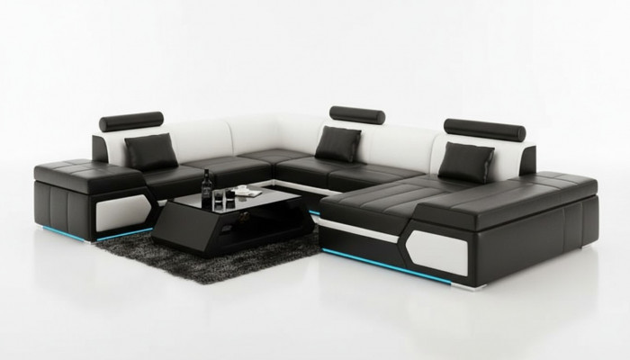 Ledercouch Sofa Canapé Wunnlandschaft Eckcouch Garnitur Design Modern Schwaarz +USB