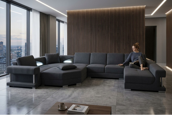 Textil Eckcouch Polster Wunnzëmmer Couch Garnitur Eckgarnitur Sofa Couchen + USB