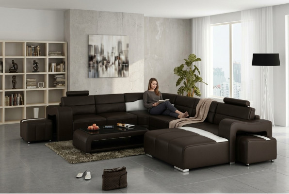 Ledercouch Wunnlandschaft Eckschaaf Eck Garnitur Design Modern Sofa mat USB