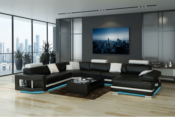 Ledersofa Sofa Couch Wunnlandschaft Ecksofa Garnitur Design Modern Sofa mat USB