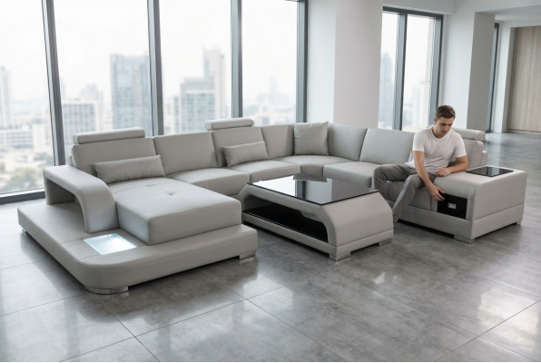 Ledercouch Wohnlandschaft Ecksëtz Eck Sëtzgruppe Sofa Couch + USB + Dësch