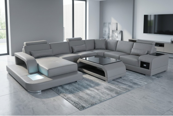 Ledercouch Wohnlandschaft Ecksëtz Eck Sëtzgruppe Sofa Couch + USB + Dësch