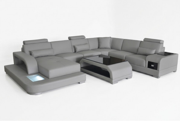 Ledercouch Wohnlandschaft Ecksëtz Eck Sëtzgruppe Sofa Couch + USB + Dësch