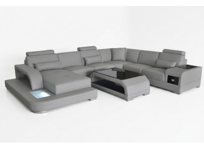 Ledercouch Wohnlandschaft Ecksëtz Eck Sëtzgruppe Sofa Couch + USB + Dësch
