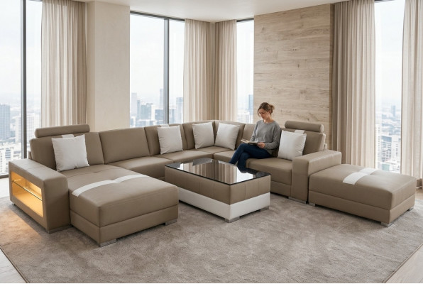 Eckcouch U-förmeg Couch Sëtzpolster Eck Lieder Modern Designer Couchen + USB
