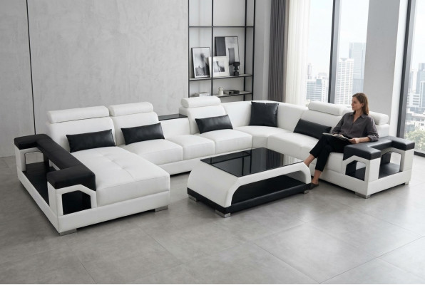 Leder Eck Couche Sofa Modern Sëtz Couch Design Wunnlandschaft + Dësch + USB
