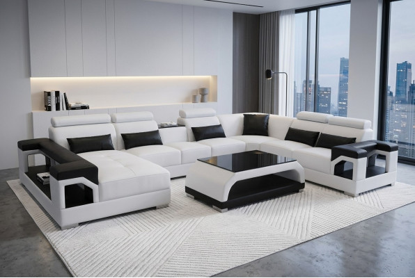 Leder Eck Couche Sofa Modern Sëtz Couch Design Wunnlandschaft + Dësch + USB