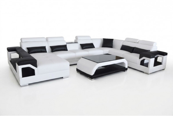 Leder Eck Couche Sofa Modern Sëtz Couch Design Wunnlandschaft + Dësch + USB