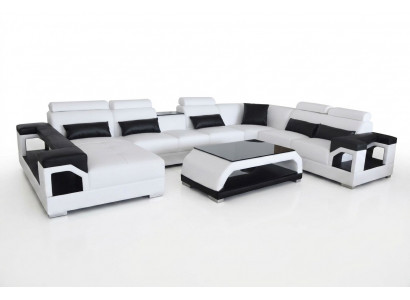 Leder Eck Couche Sofa Modern Sëtz Couch Design Wunnlandschaft + Dësch + USB