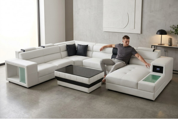 Ecksofa mat Beliichtung & USB Uschloss Moder Lieder Wunnlandschaft Sofa Polster