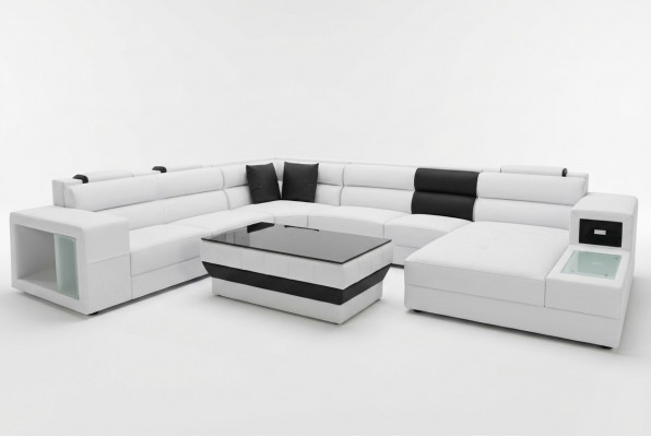 Ecksofa mat Beliichtung & USB Uschloss Moder Lieder Wunnlandschaft Sofa Polster